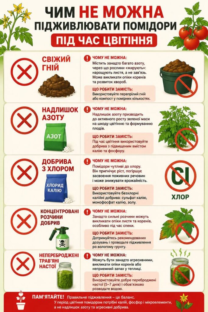 Чим не можна підживлювати помідори під час цвітіння