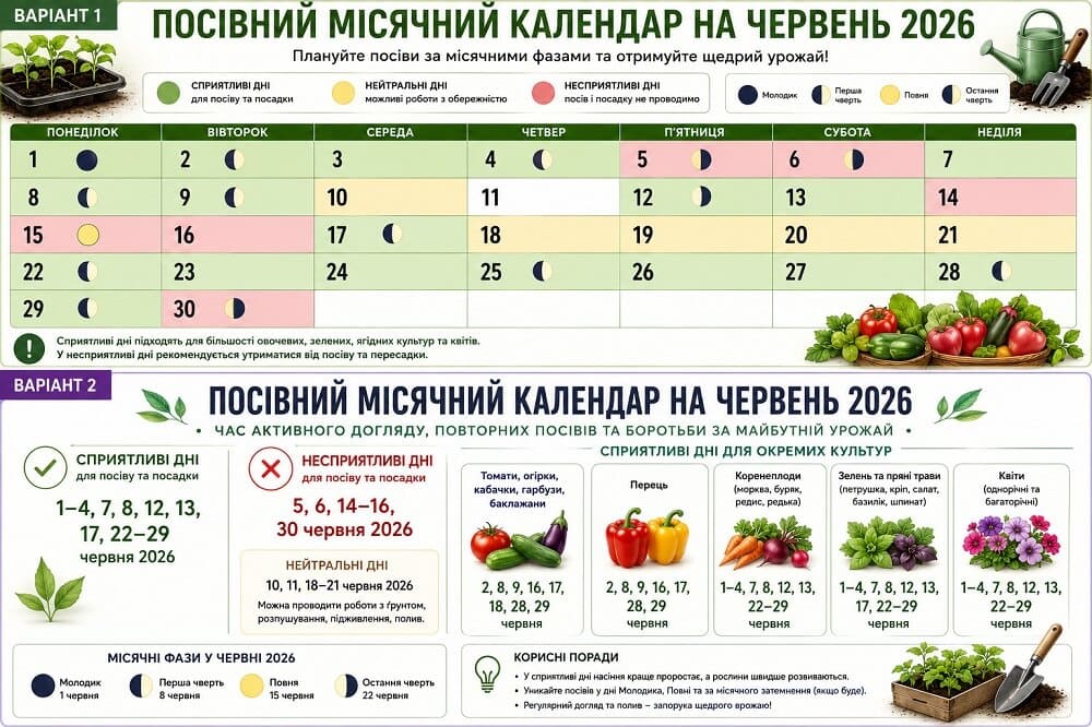 Місячний посівний календар на червень 2026 року